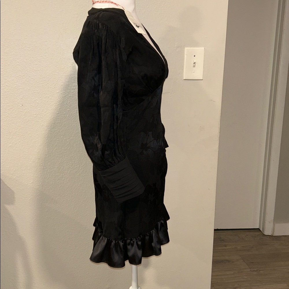 LoveShackFancy Black Jacquard Puff Sleeve Mini Dress XS Satin Ruffle Hem NWT - Picture 5 of 16